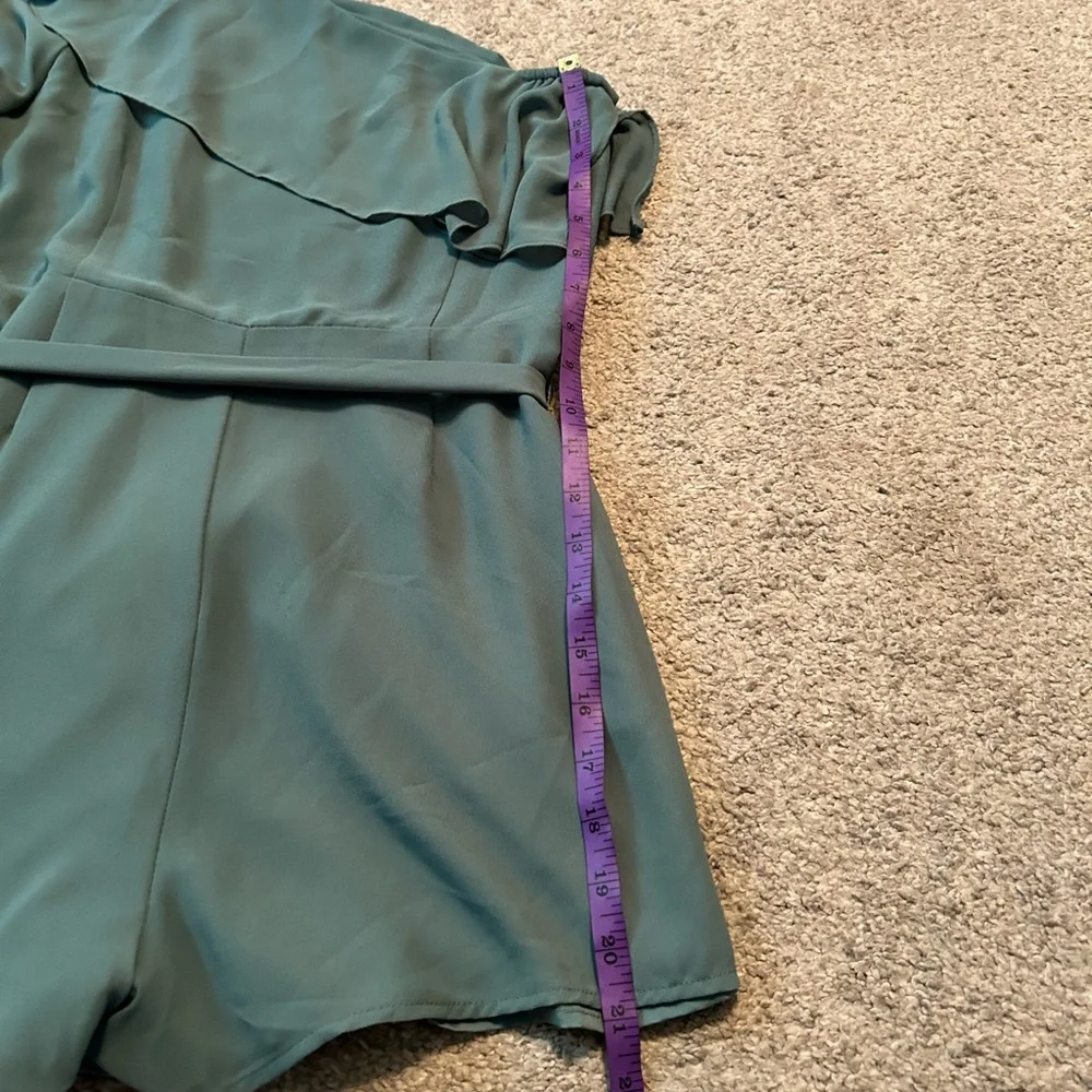 Naked Zebra One Shoulder Ruffle Romper Teal Green Belted‎ Dressy Size S